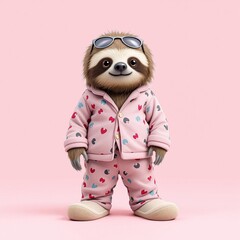 Sloth wearing stylish pajamas and sunglasses posing playfully against a pink background