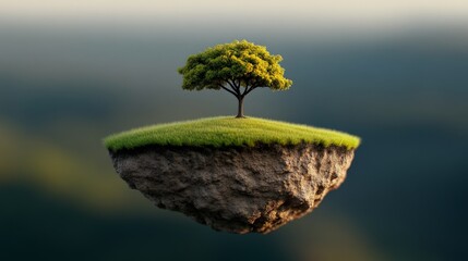 Solitary Tree on Floating Island: A lone, vibrant green tree stands proudly on a small, floating island, creating a serene and surreal landscape.  The image evokes feelings of isolation, resilience.