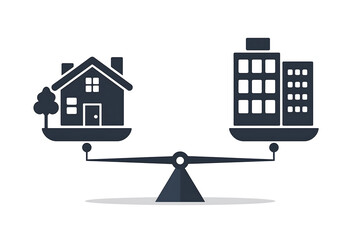 Illustration depicting a balance between home and office buildings, symbolizing hybrid work structures and adaptability.