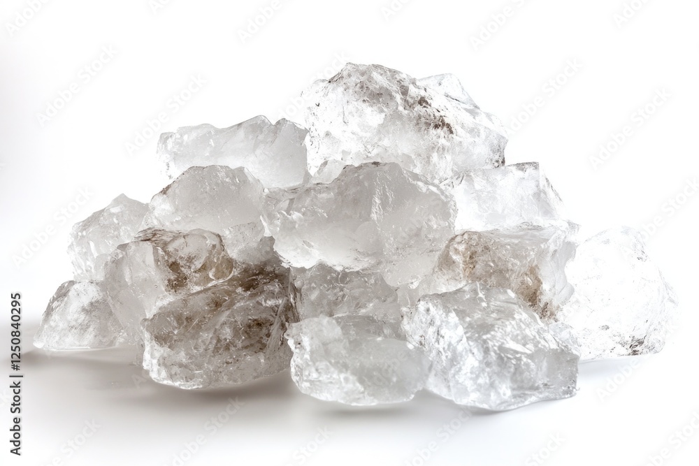 Poster a pile of transparent ice crystals on a white surface, with no additional context