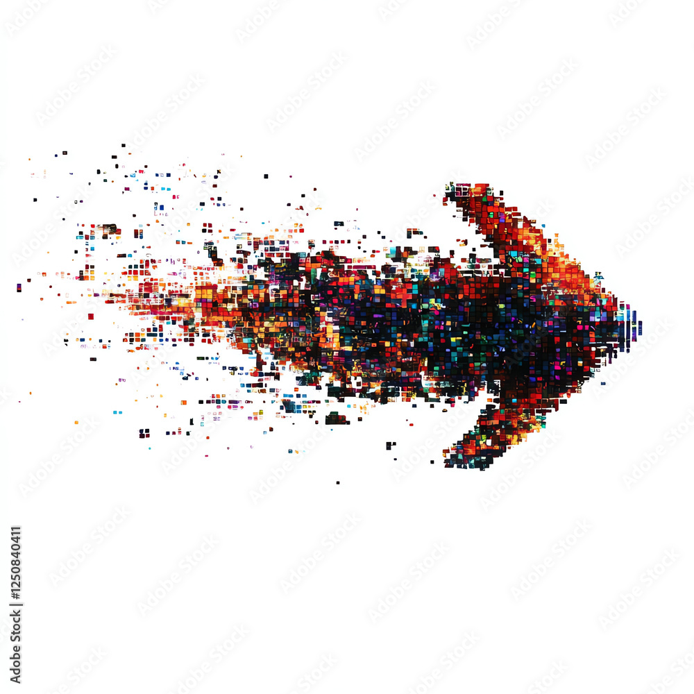 Poster an artistic representation of a colorful pixelated arrow, symbolizing motion and direction. this abs