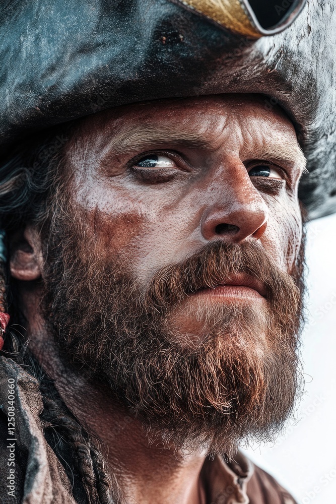 Poster a close-up view of a man's face with a pirate hat, perfect for use in illustrations or as a symbol