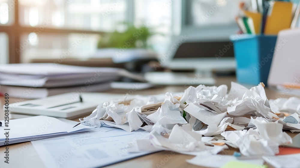 Poster disorganized office desk covered with crumpled papers and scattered documents in a modern workspace 