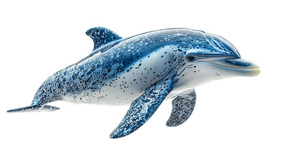 Realistic illustration of a spotted dolphin swimming against a black background, showcasing its sleek body and vibrant details.