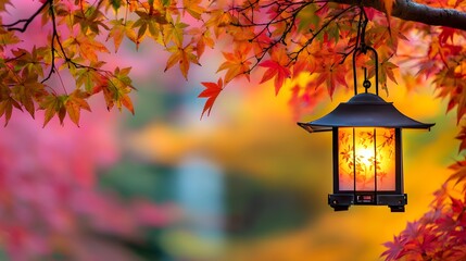 A lantern hanging from a tree branch with colorful autumn leaves