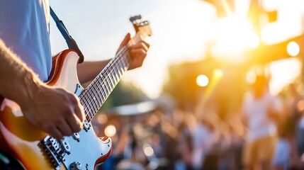 Dynamic closeup of a guitarist playing a guitar at a vibrant music festival during sunset : Generative AI