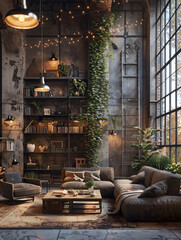 Interior Haven with Bookshelves Climbing Ivy and Cozy Seating in Natural Light Drenched Living Area