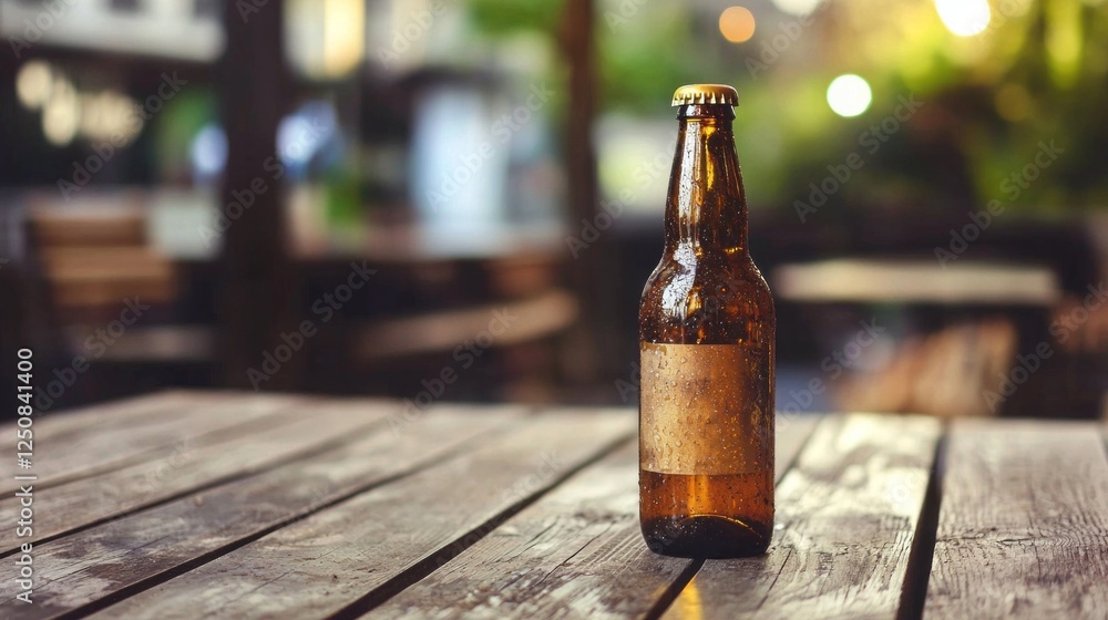 Poster a closed beer bottle sits prominently on a rustic wooden table, surrounded by a charming outdoor atm