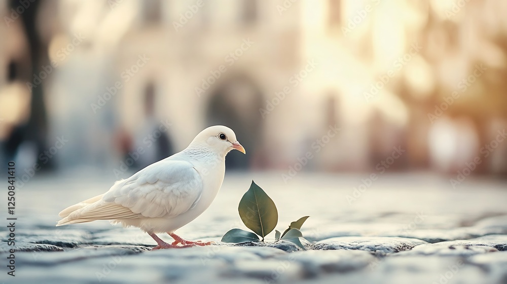 Poster white dove standing on cobblestones with green leaves at sunrise in a soft focus background : genera