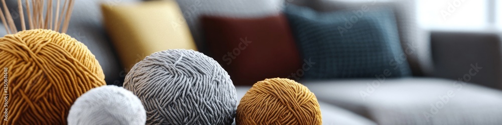 Poster a collection of colorful yarn balls stacked on the back of a sofa