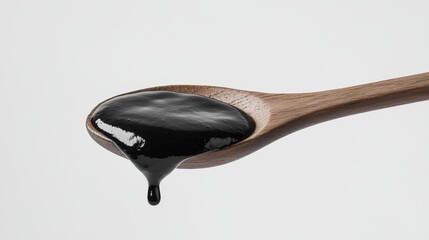"A close-up of a wooden spoon filled with thick, glossy black resin, with a smooth surface, against a clean white backdrop.