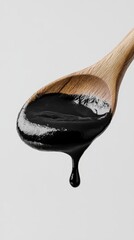 A wooden spoon filled with a dark, thick liquid resin (shilajit), with liquid slowly dripping from it, against a simple white background.