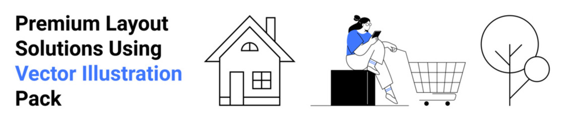 Woman seated with a smartphone near a cart, house structure, and tree outline. Ideal for e-commerce, home decor, technology, mobile apps, minimal design, urban living flat landing page banner