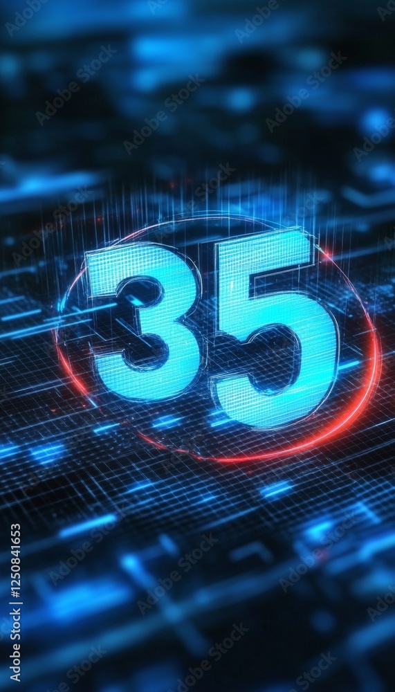 Poster glowing digital 3d number 35 in futuristic style on an abstract technology background