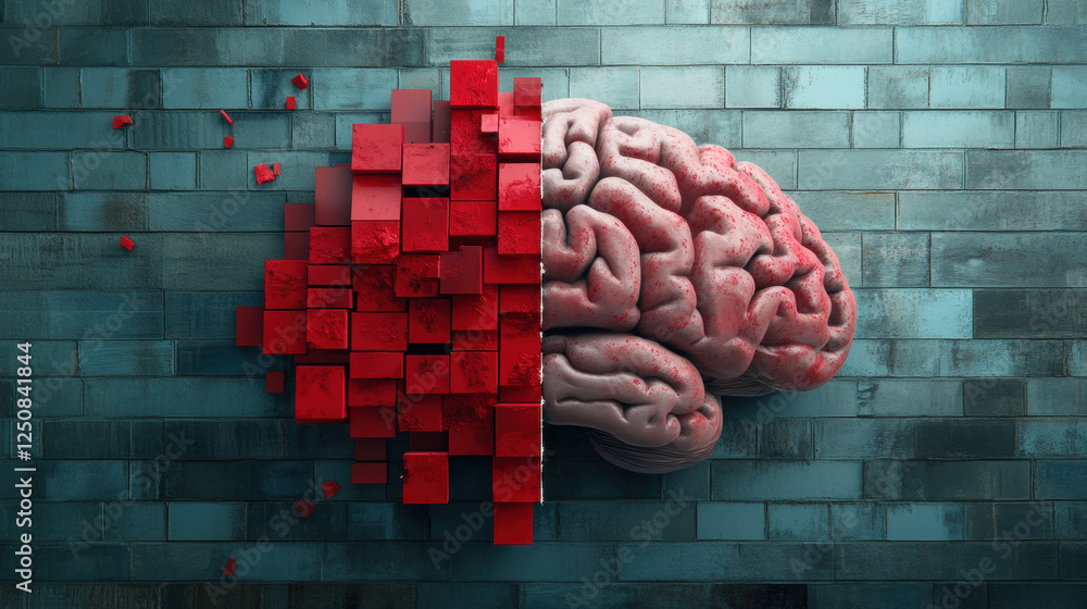 Aufkleber 3d representation of a fragmented brain model, high fidelity, showcasing intricate details and desig