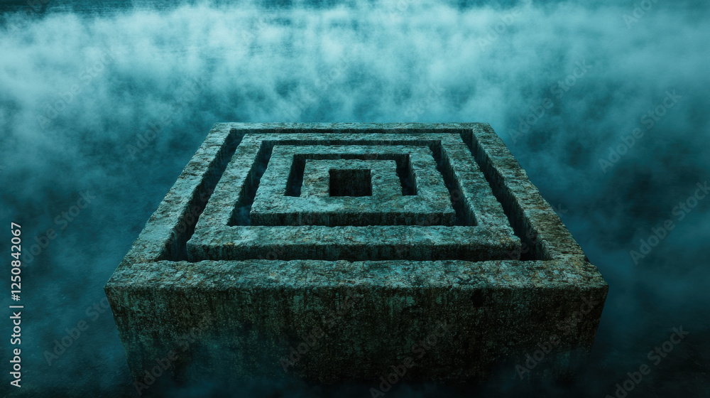 Poster a high-fidelity 3d depiction of a maze enveloped in mist, showcasing intricate pathways and atmosphe