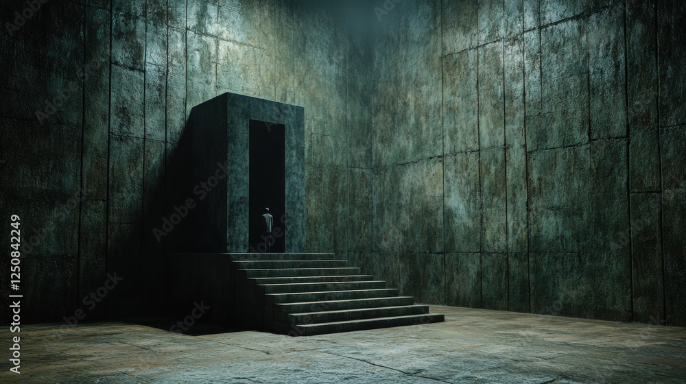 Poster a high-fidelity 3d image of a person navigating a misty environment, showcasing depth and atmosphere
