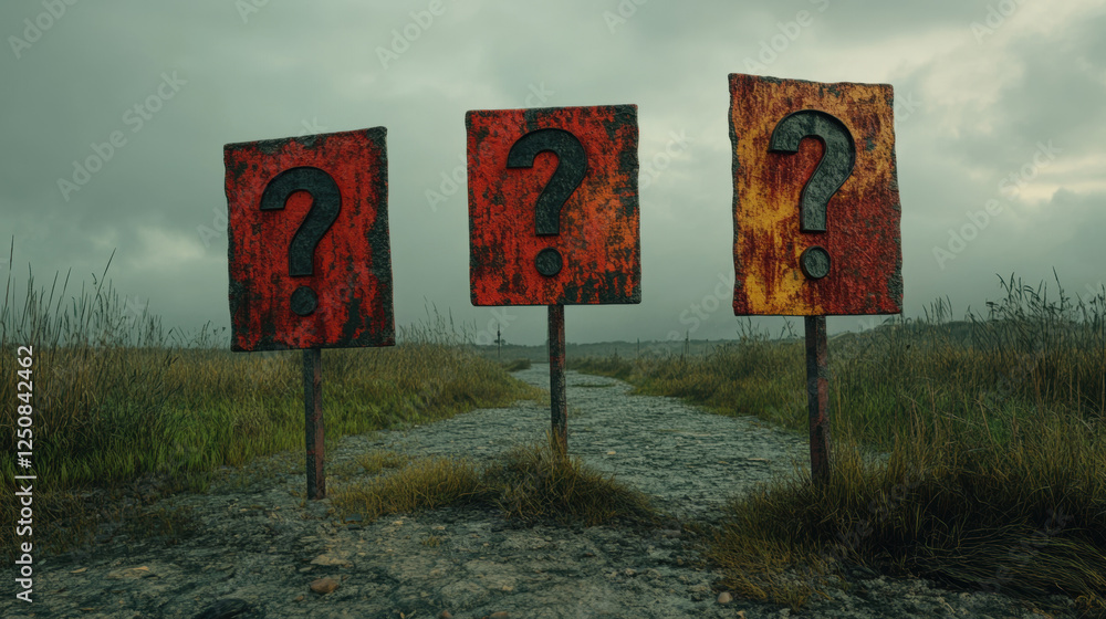 Poster a high-fidelity 3d image depicting floating question marks, ideal for creative and conceptual visual