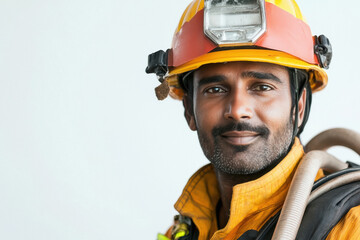 Fototapeta premium Indian firefighter in full gear on a plain white background, holding a hose, ready for action