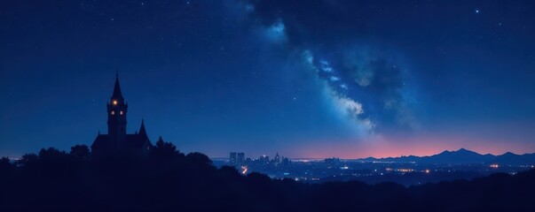 Fototapeta premium Dark silhouette of City Hall against starry night sky, city hall, skyscrapers, dark cityscape