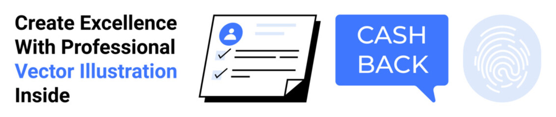 Document with user icon and checklist, cashback badge in speech bubble, fingerprint. Ideal for finance, security, authentication, business, customer benefits, promotions flat landing page banner