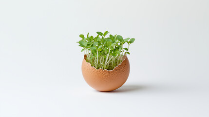 Fototapeta premium A fragile eggshell cradling fresh green sprouts, representing sustainability