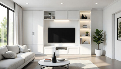 Fototapeta premium A Modern Living room with built-in tv cabinet paneling and stylish sofa.