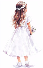 Naklejka premium Watercolor illustration of a young girl in a white First Communion dress with a flowery headdress in a soft artistic style