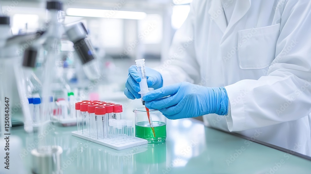 Poster scientist conducting research with pipette in laboratory setting with test tubes and colorful soluti
