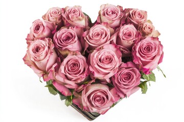 A beautiful heart-shaped vase filled with fresh pink roses