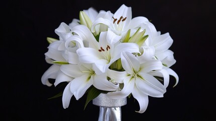 A beautiful bouquet of white flowers arranged in a silver vase, perfect for decoration or special occasion