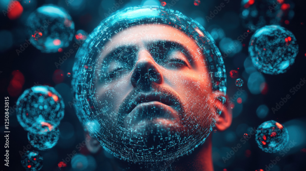 Poster a high fidelity 3d illustration of a person surrounded by floating elements, showcasing creativity a