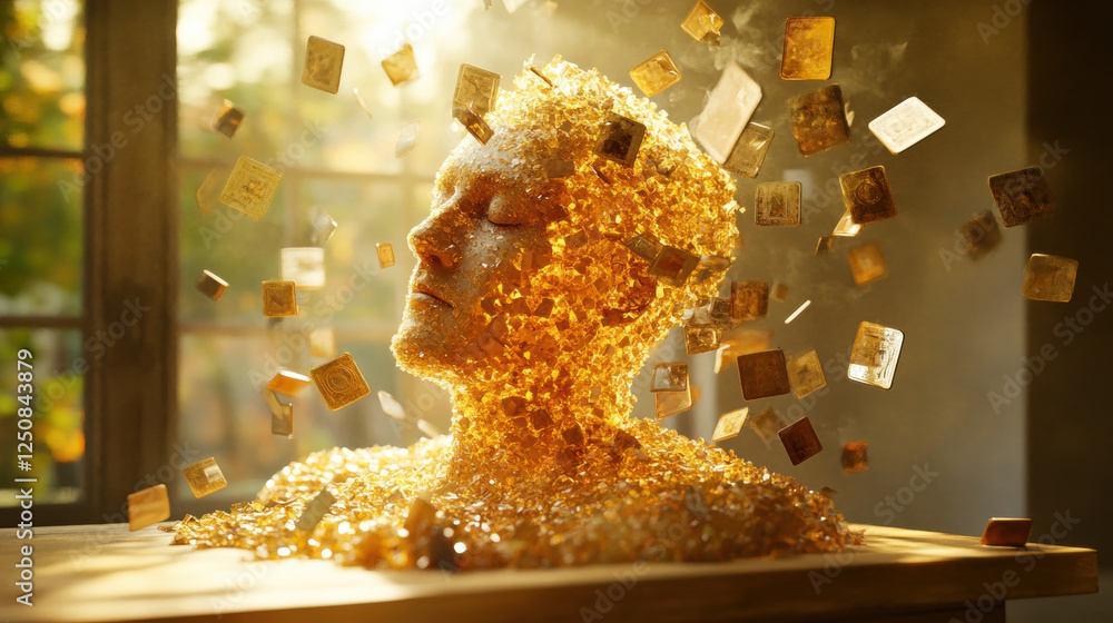 Poster a high-fidelity 3d illustration depicting a person surrounded by floating elements in a unique and c