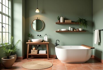 Stylish Sage Green Modern Farmhouse Bathroom: Showcase Whitewashed Wood Furniture, Terracotta Tile Floors, and a Wooden Bath Tray. A Wide Angle Shot with a Classic Pedestal Sink, Natural Wooden Shelve
