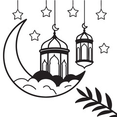 Silhouette sketch of Mosque with Domes, Minarets, Archways, and 'Ramadan Kareem' Calligraphy Design