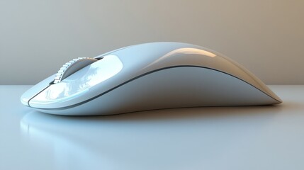 Sleek white computer mouse on desk, minimalist background, tech product shot