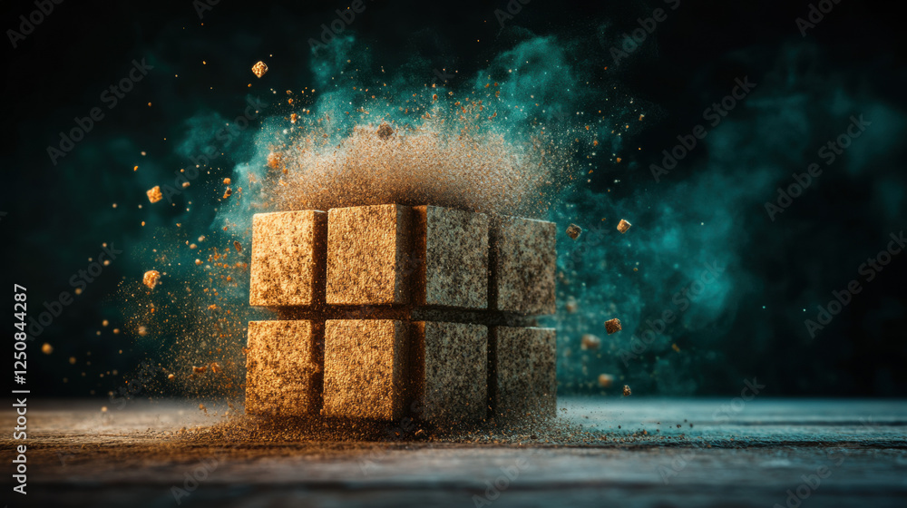 Poster 3d illustration of memory blocks crumbling, showcasing a high-fidelity visual concept of decay and t