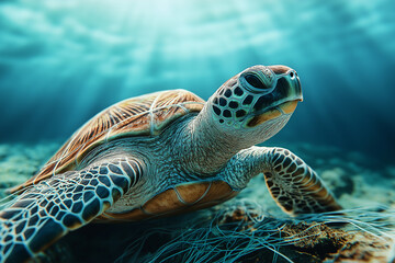 Obraz premium Turtle entangled in plastic netting in the ocean,