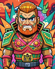 Obraz premium A pop art painting depicts a samurai with cartoon tattoos all over his body and face. The scene is full of street art tags and uses the colors orange, dark green and pink Vector file