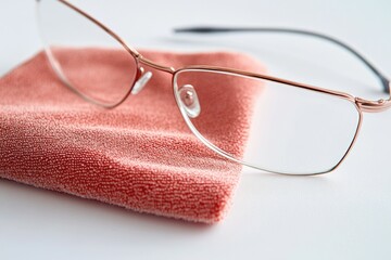A pair of glasses resting on a soft pink towel
