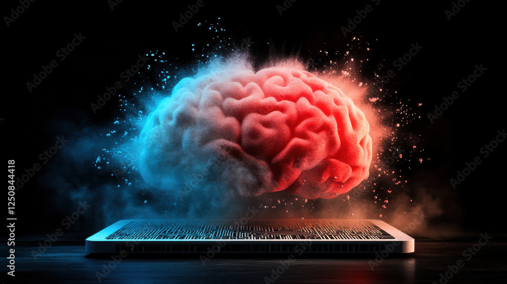 Poster a high-fidelity 3d model of a brain circuit enveloped in mist, ideal for educational and creative pr