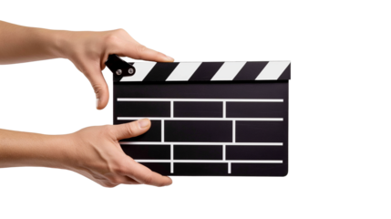 Male hands holding a clapper board isolated on white and transparent background, cut out png