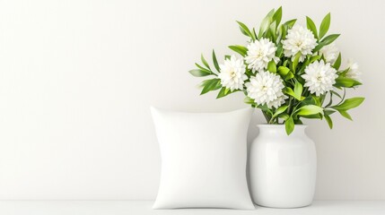 Fototapeta premium A serene arrangement featuring a white vase filled with fresh flowers beside a plain white pillow creates a tranquil atmosphere, ideal for home decor, relaxation spaces, or lifestyle blogs,