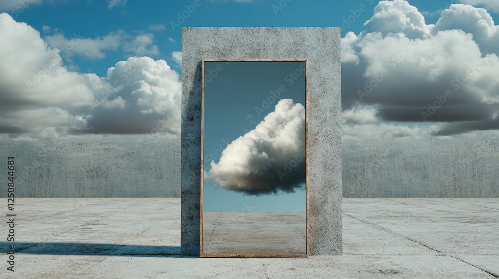 Poster a high-fidelity 3d model of a cloudy mirror showcasing a reflection, perfect for visual projects or 