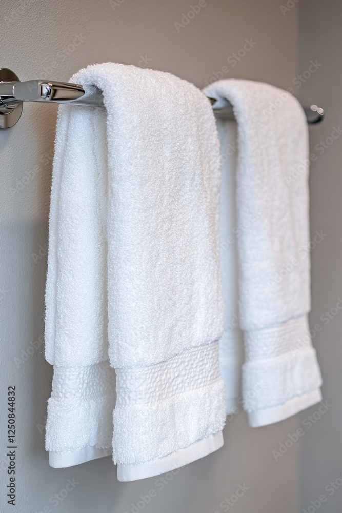 Poster a pair of white towels hung on a wall in a clean and minimalist setting