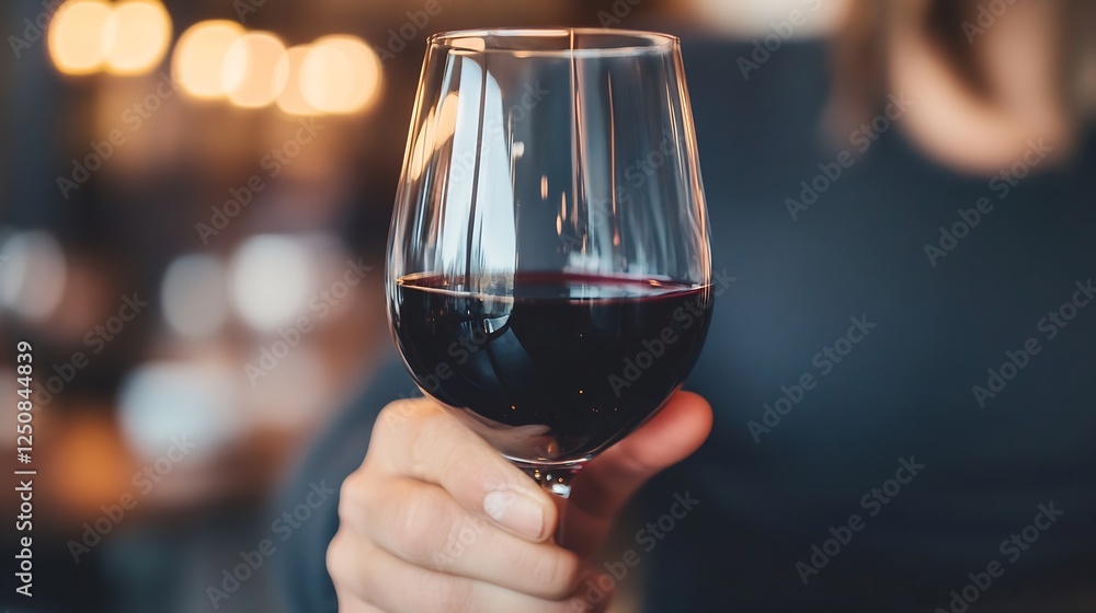 Poster glass of red wine held in hand with blurred background highlighting the rich color : generative ai
