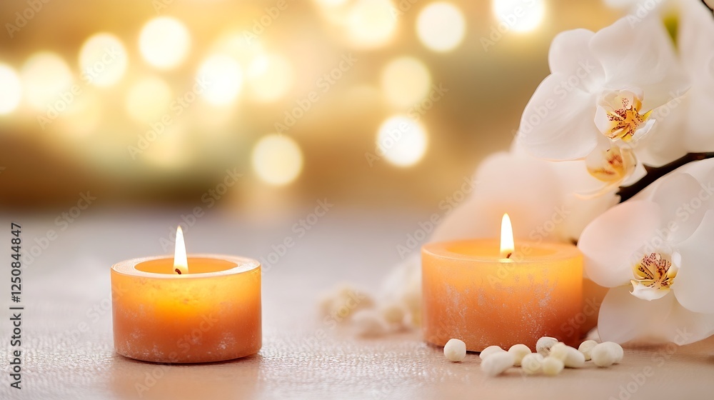 Poster serene ambiance with lit candles and delicate flowers creating a calm and peaceful setting : generat