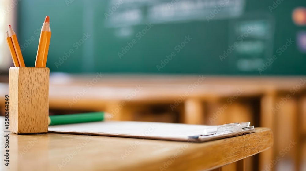 Aufkleber a wooden desk featuring colorful pencils and stationery in a bright classroom setting : generative a