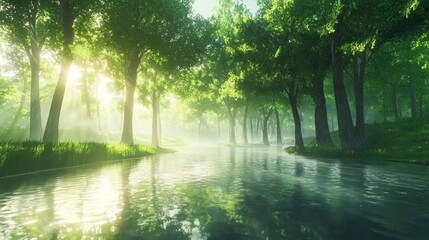 Obraz premium Sunlit river flows through misty green forest; idyllic nature scene for travel brochures
