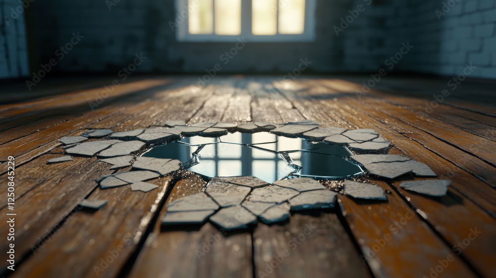 Poster a high-fidelity 3d model of a shattered mirror reflecting distorted imagery, suitable for commercial